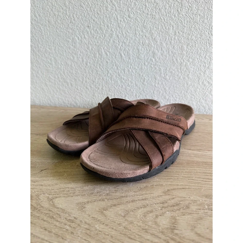 Teva Katavi Brown Leather Cross Strap Slide Sandals Mens Size 13 Comfort Sole